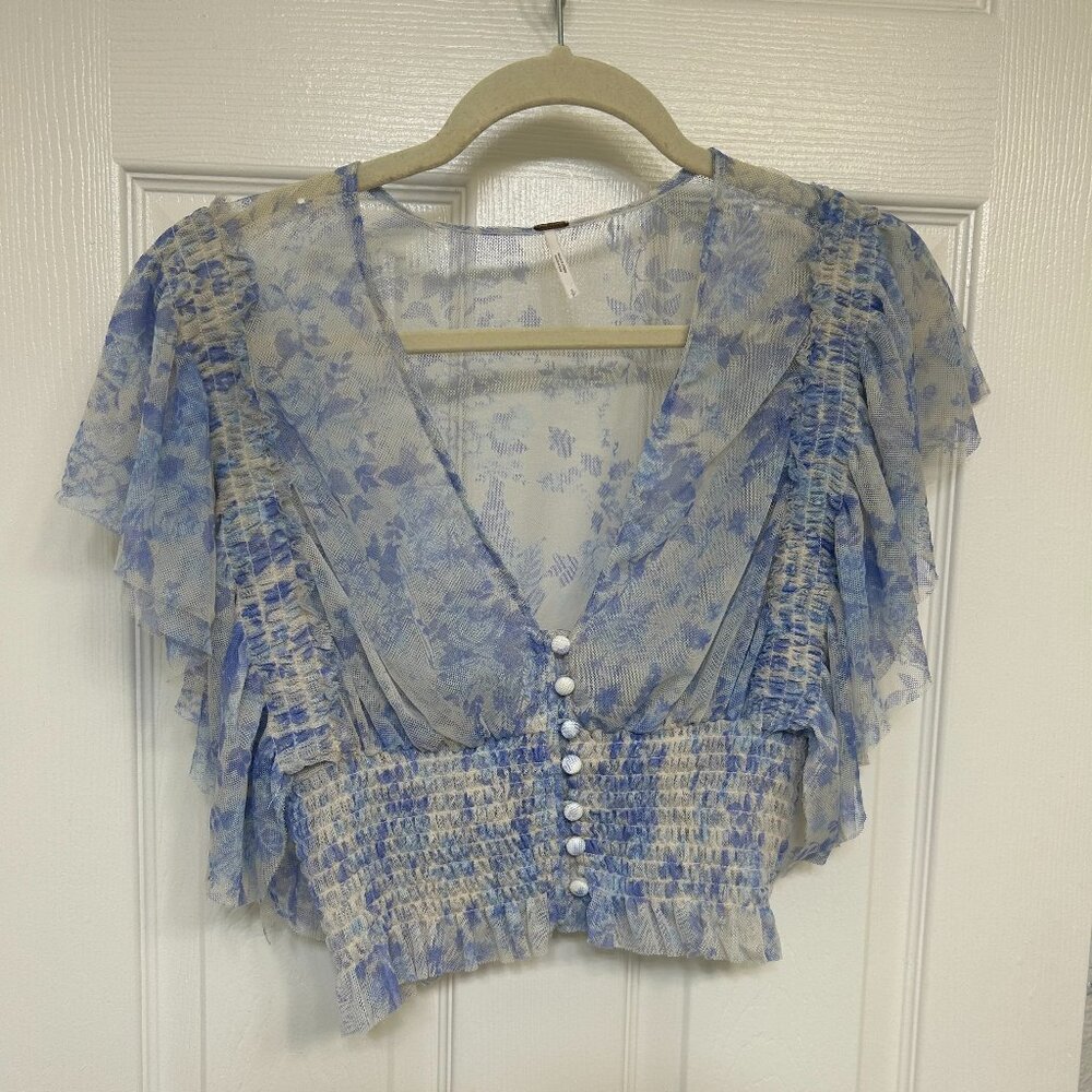 Free People Floral Blue Sheer Women's Top